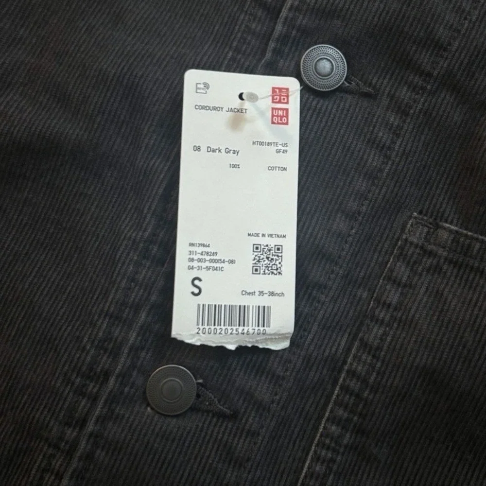 Uniqlo Corduroy Chore Coat Jacket Unisex S 100% Cotton Relax fit Gray Workwear